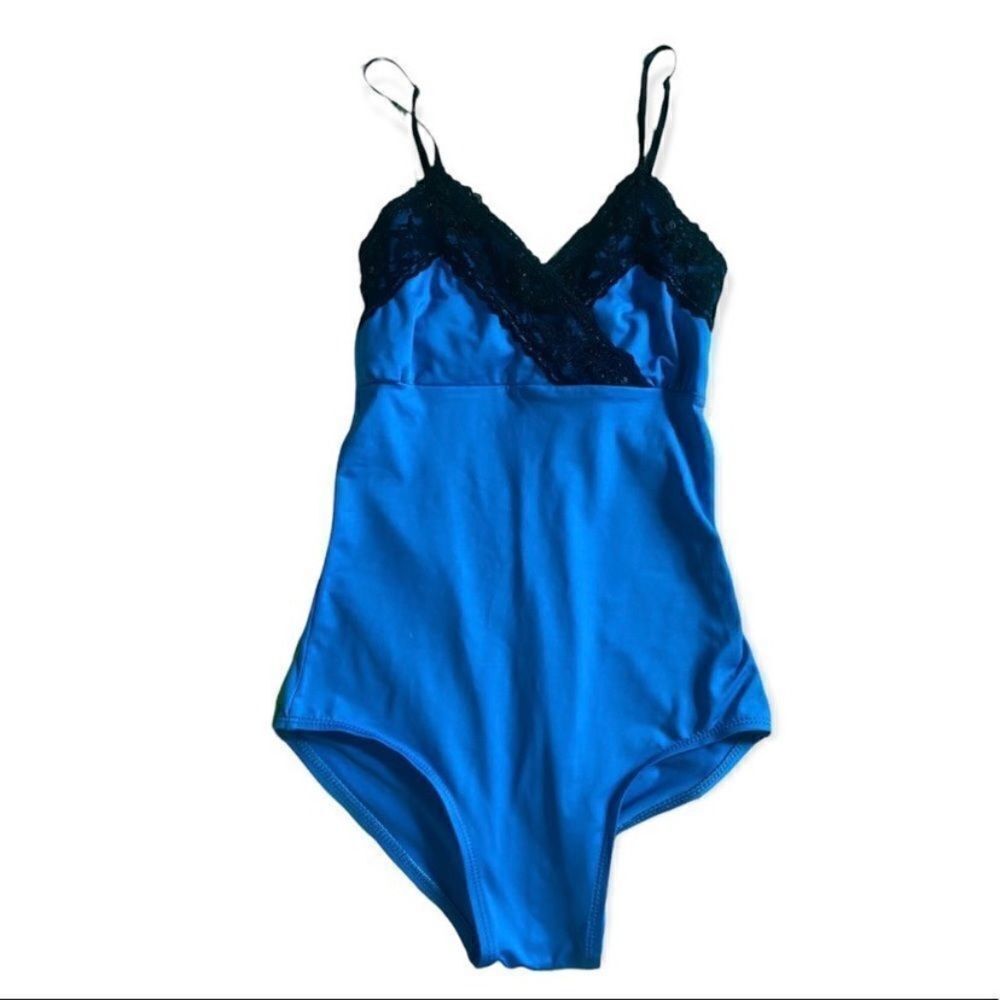 Natalie Dancewear Blue Bodysuit with Black Sequin Lace Detail – Size S